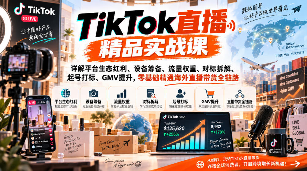 TikTok直播精品实战课，详解平台生态红利、设备筹备、流量权重、对标拆解、起号打标、GMV提升，零基础精通海外直播带货全链路-造梦栈