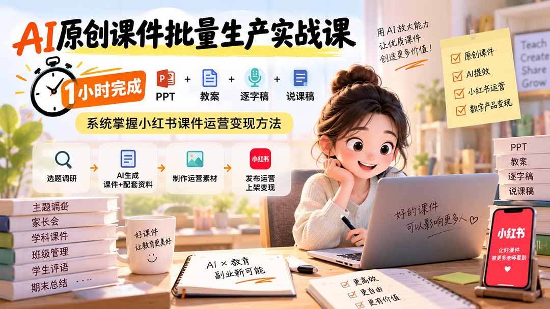 AI原创课件批量生产实战课：1小时完成PPT+教案+逐字稿+说课稿，系统掌握小红书课件运营变现方法-造梦栈