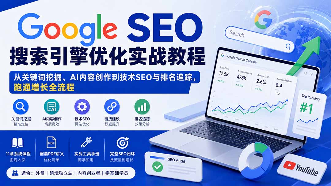 Google SEO搜索引擎优化实战教程：从关键词挖掘、AI内容创作到技术SEO与排名追踪，跑通增长全流程-造梦栈
