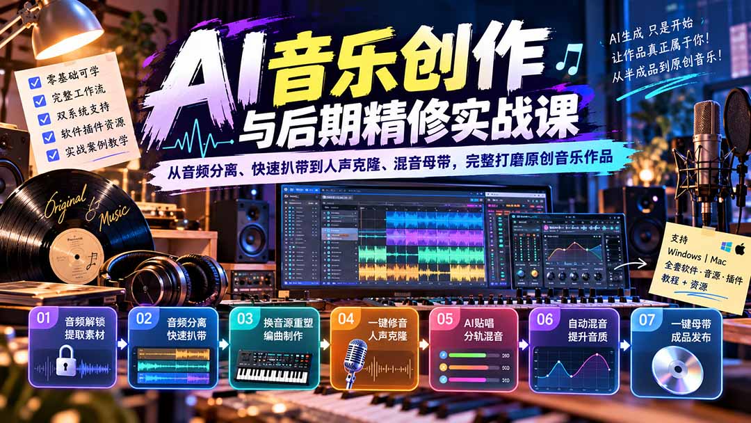 AI音乐创作与后期精修实战课：从音频分离、快速扒带到人声克隆、混音母带，完整打磨原创音乐作品-造梦栈