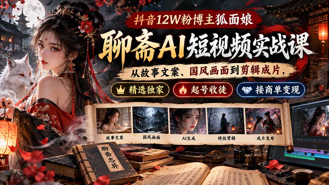 抖音12W粉博主狐面娘-聊斋AI短视频实战课：从故事文案、国风画面到剪辑成片，精选独家+起号收徒+接商单变现-造梦栈