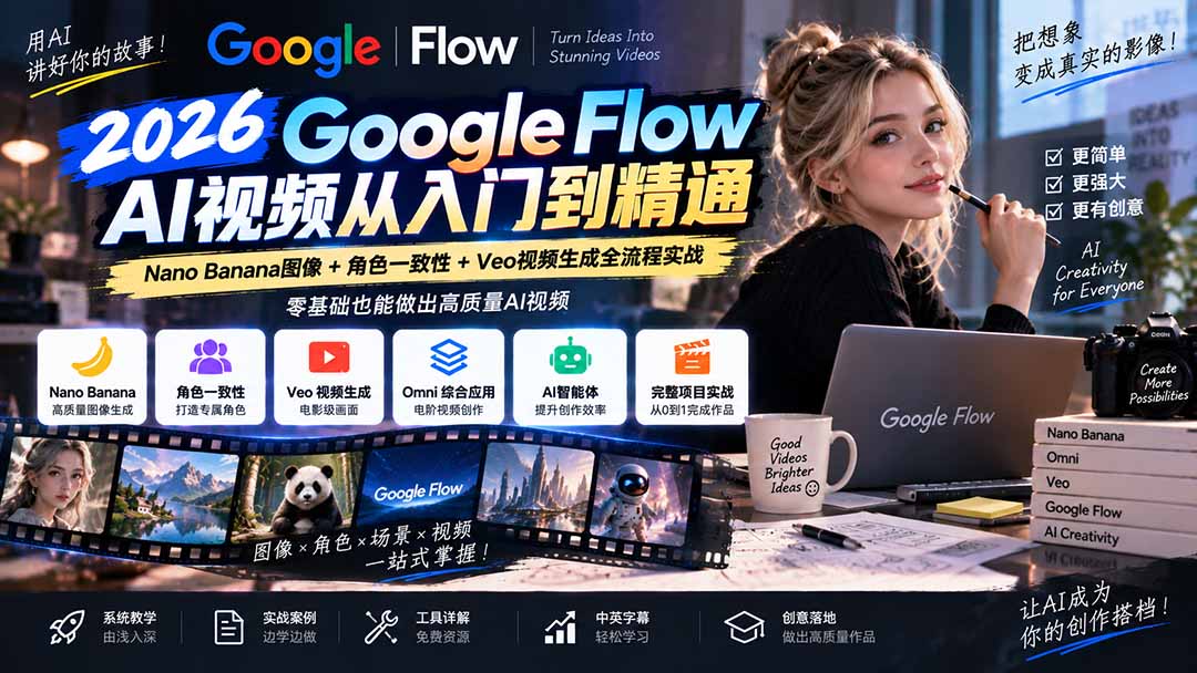 【无水印】Google Flow AI视频从入门到精通：Nano Banana图像+角色一致性+Veo视频生成全流程实战-精翻中英字幕-造梦栈