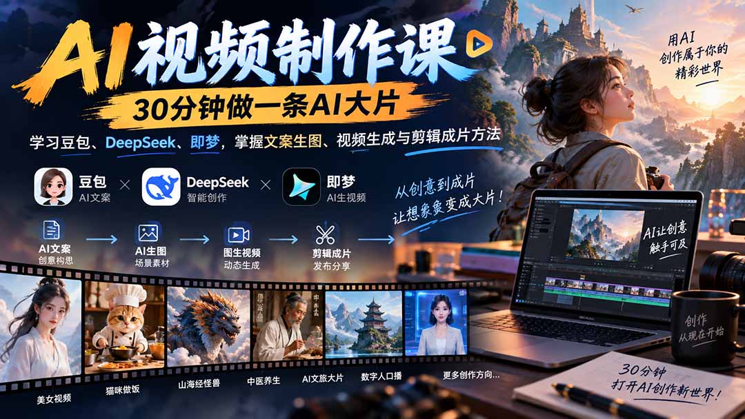 AI视频制作课-30分钟做一条AI大片：学习豆包、DeepSeek、即梦，掌握文案生图、视频生成与剪辑成片方法-造梦栈