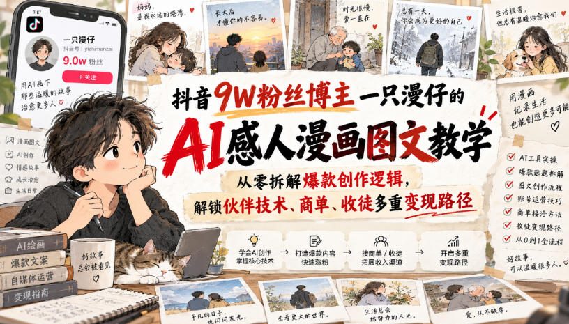 抖音9W粉丝博主一只漫仔的AI感人漫画图文教学，从零拆解爆款创作逻辑，解锁伙伴技术、商单、收徒多重变现路径-造梦栈