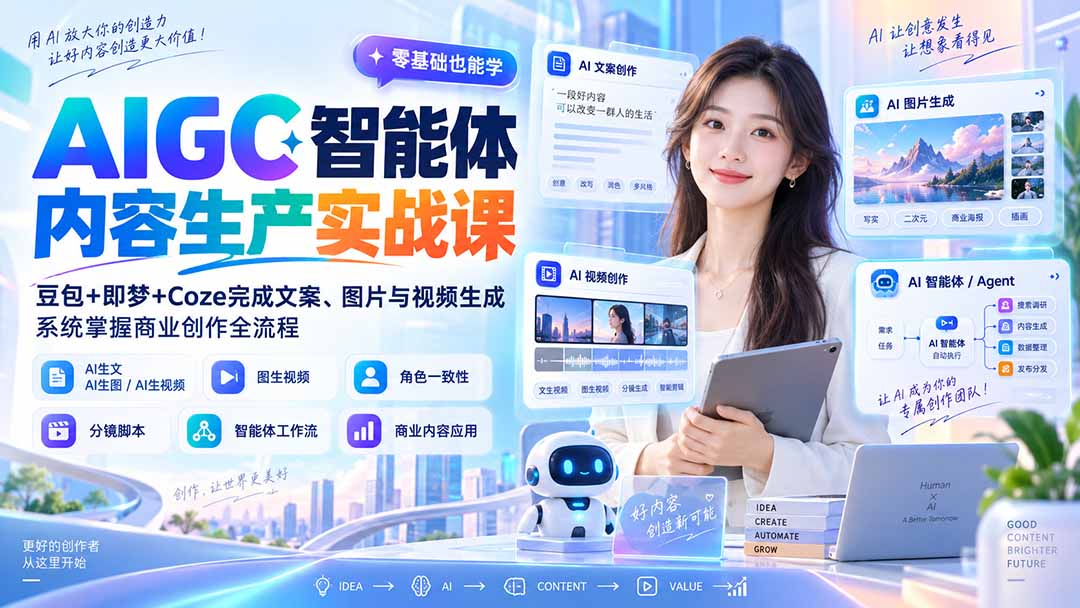 AIGC智能体内容生产实战课：豆包+即梦+Coze完成文案、图片与视频生成，系统掌握商业创作全流程-造梦栈