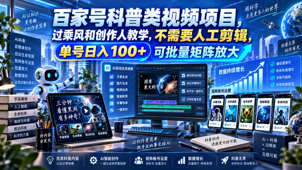 百家号科普类视频项目，过乘风和创作人教学，不需要人工剪辑，单号日入100+可批量矩阵放大-造梦栈