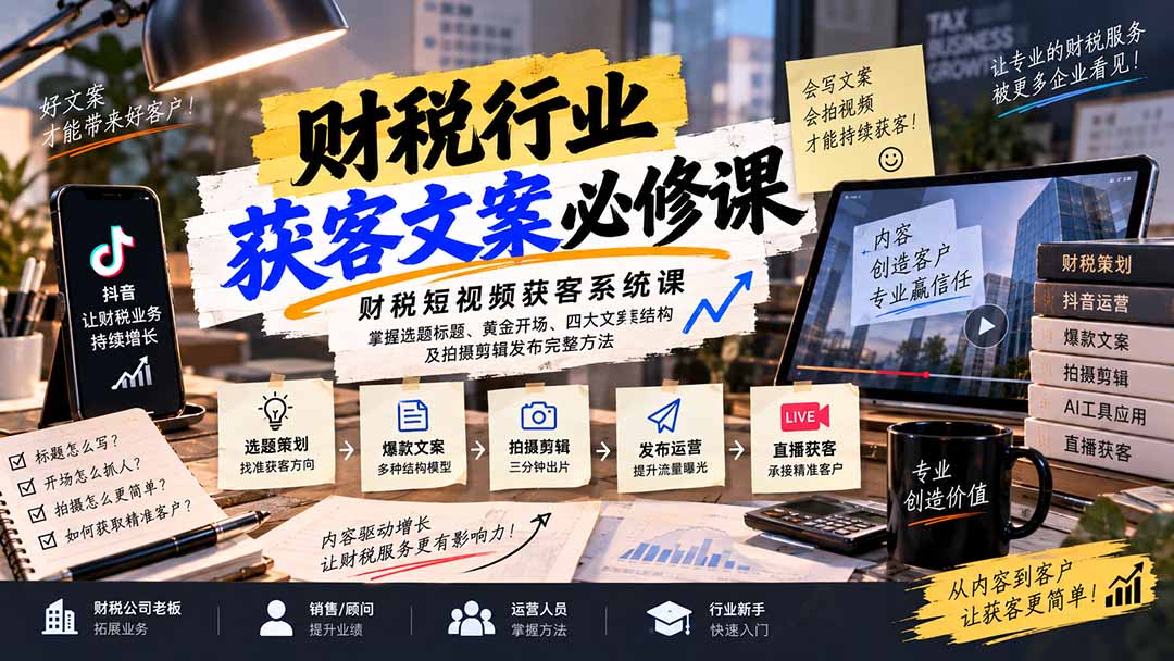 财税短视频获客系统课：掌握选题标题、黄金开场、四大文案结构及拍摄剪辑发布完整方法-造梦栈