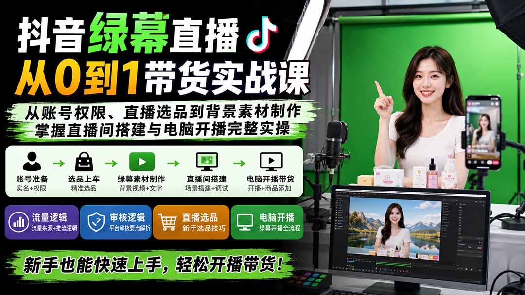 抖音绿幕直播从0到1带货实战课：从账号权限、直播选品到背景素材制作，掌握直播间搭建与电脑开播完整实操-造梦栈