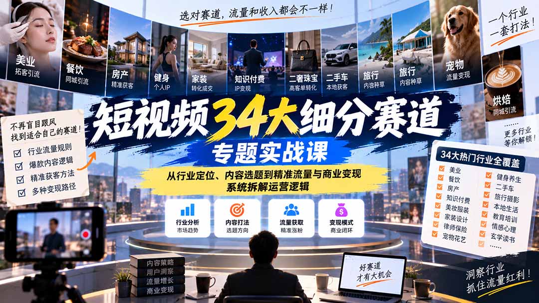 短视频34大细分赛道专题实战课：从行业定位、内容选题到精准流量与商业变现，系统拆解运营逻辑-造梦栈