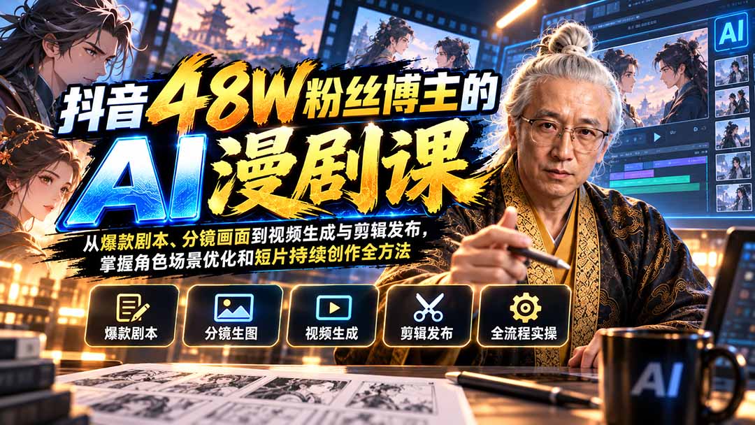 抖音48W粉丝博主的AI漫剧课：从爆款剧本、分镜画面到视频生成与剪辑发布，掌握角色场景优化和短片持续创作全方法-造梦栈
