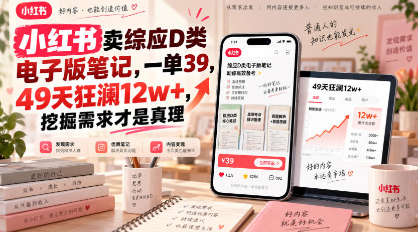 小红书卖综应D类电子版笔记，一单39，49天狂澜12w+，挖掘需求才是真理-造梦栈