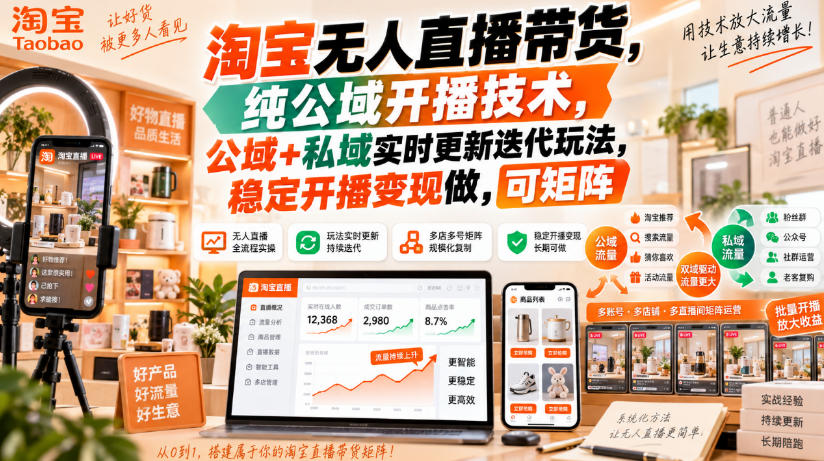 淘宝无人直播带货，纯公域开播技术，公域+私域实时更新迭代玩法，稳定开播变现做，可矩阵【揭秘】-造梦栈