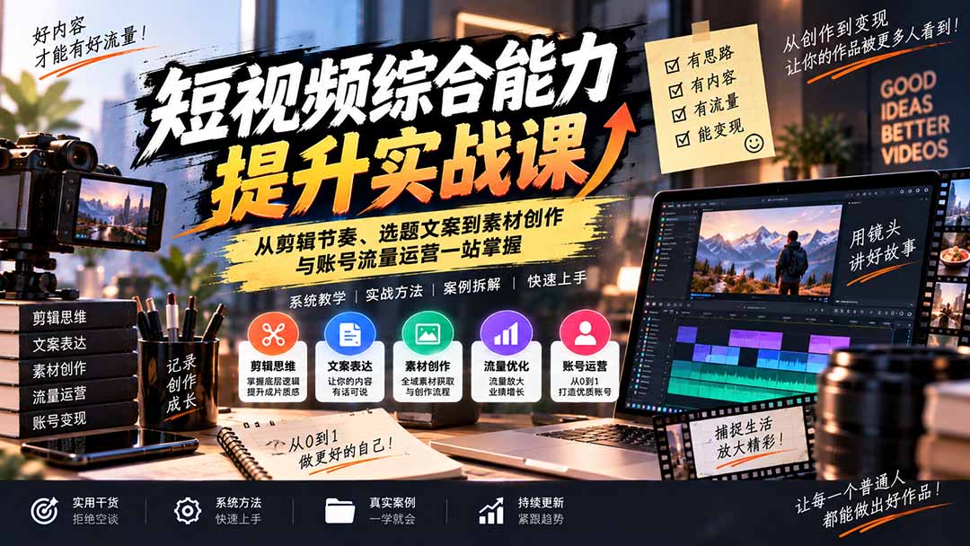短视频综合能力提升实战课：从剪辑节奏、选题文案到素材创作与账号流量运营一站掌握-造梦栈