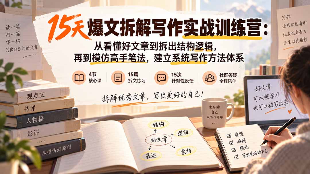 15天爆文拆解写作实战训练营：从看懂好文章到拆出结构逻辑，再到模仿高手笔法，建立系统写作方法体系-造梦栈