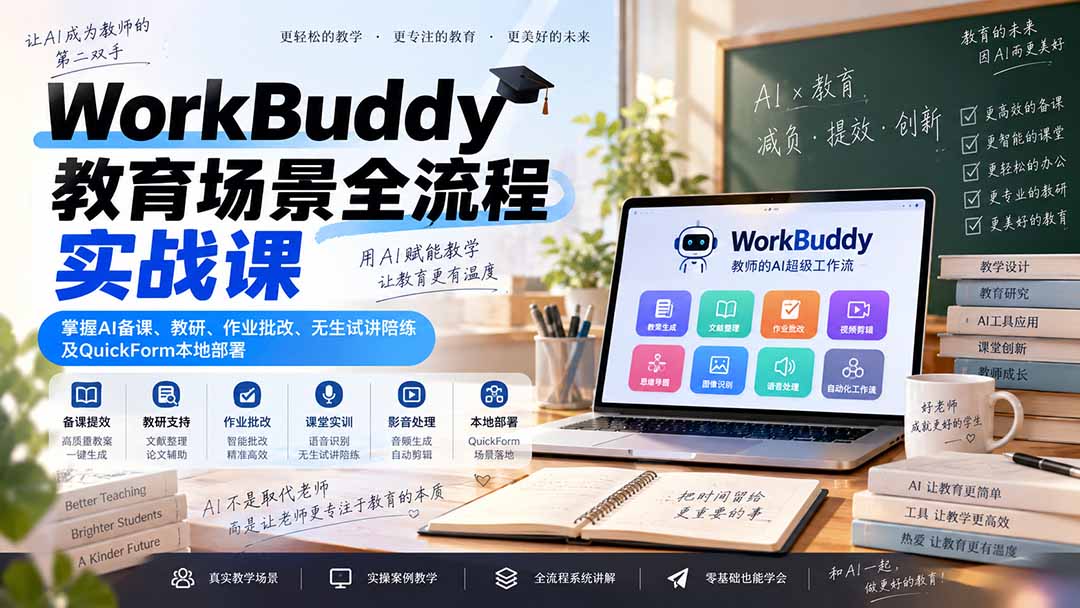 WorkBuddy教育场景全流程实战课：掌握AI备课、教研、作业批改、无生试讲陪练及QuickForm本地部署-造梦栈