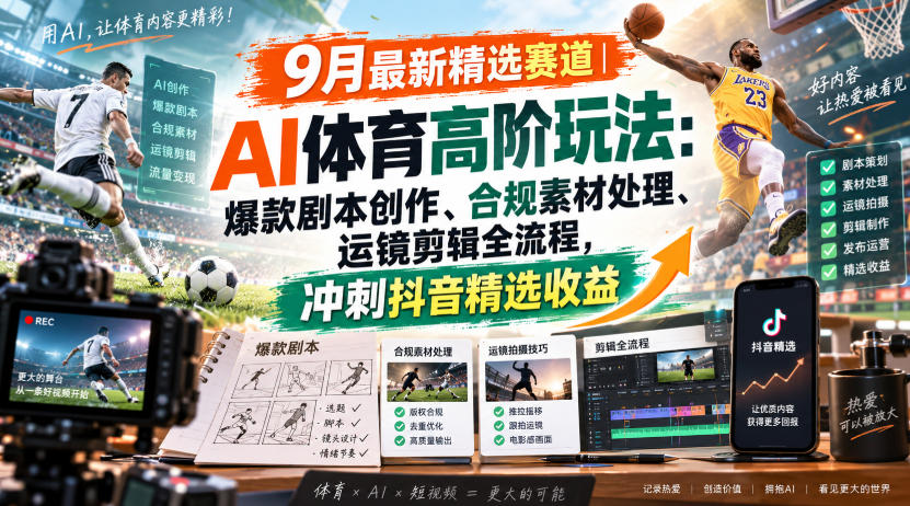 某大佬的9月最新精选赛道之AI体育顶级玩法，爆款剧本创作、版权规避、运镜剪辑全流程，稳拿抖音精选收益-造梦栈