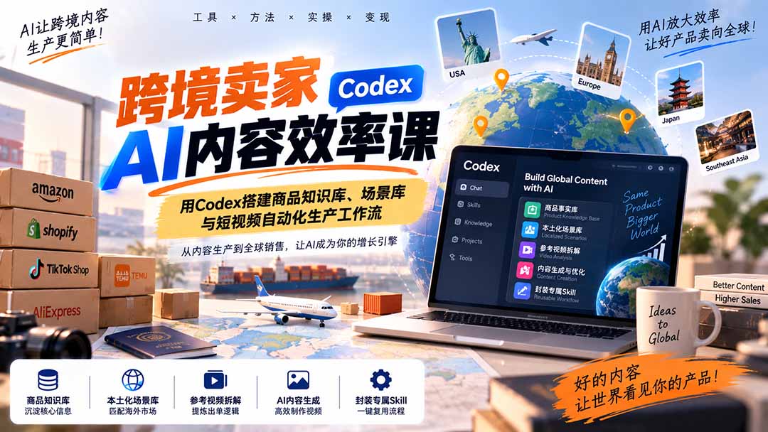 跨境卖家AI内容效率课：用Codex搭建商品知识库、场景库与短视频自动化生产工作流-造梦栈