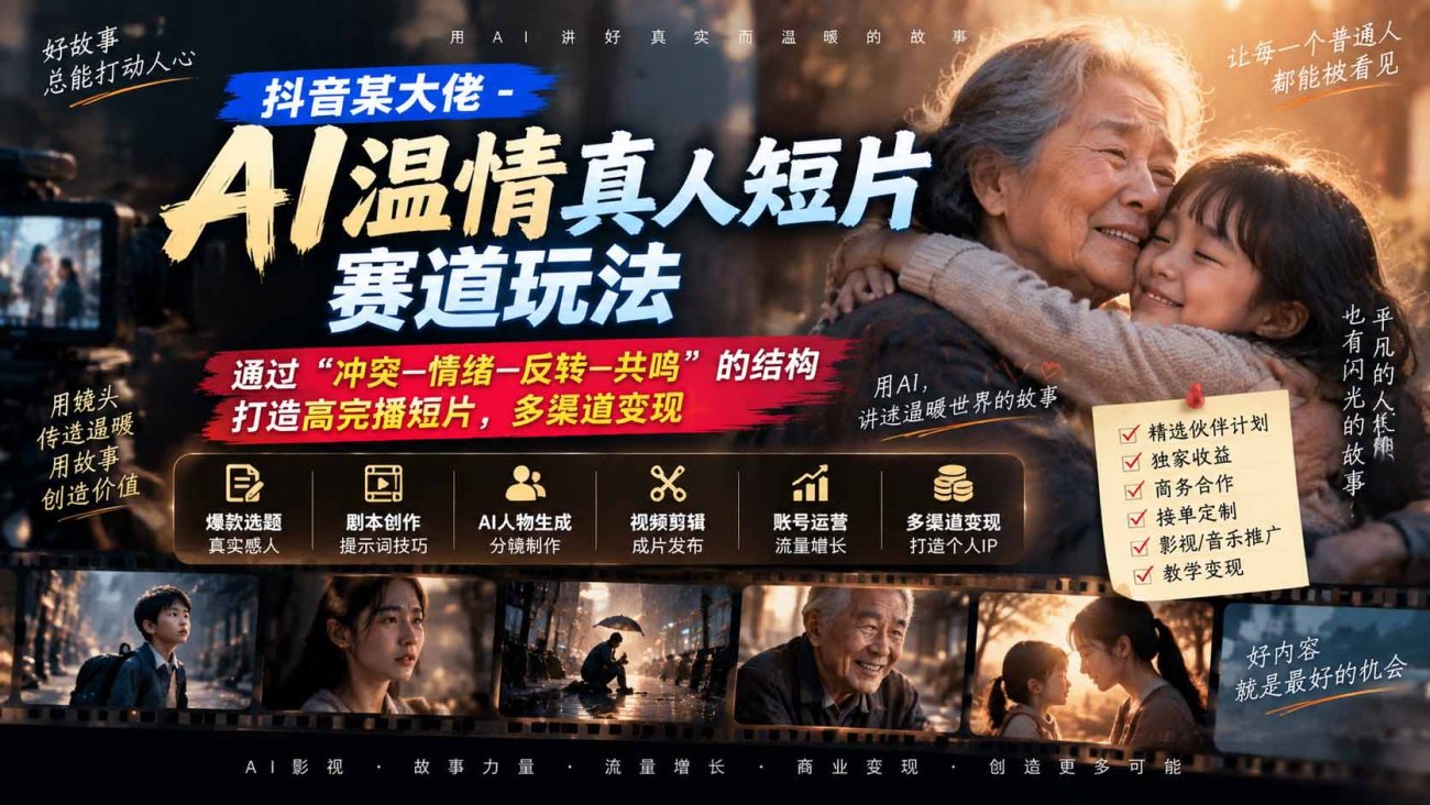 抖音某大佬-AI温情真人短片赛道玩法：通过“冲突—情绪—反转—共鸣”的结构打造高完播短片，多渠道变现-造梦栈