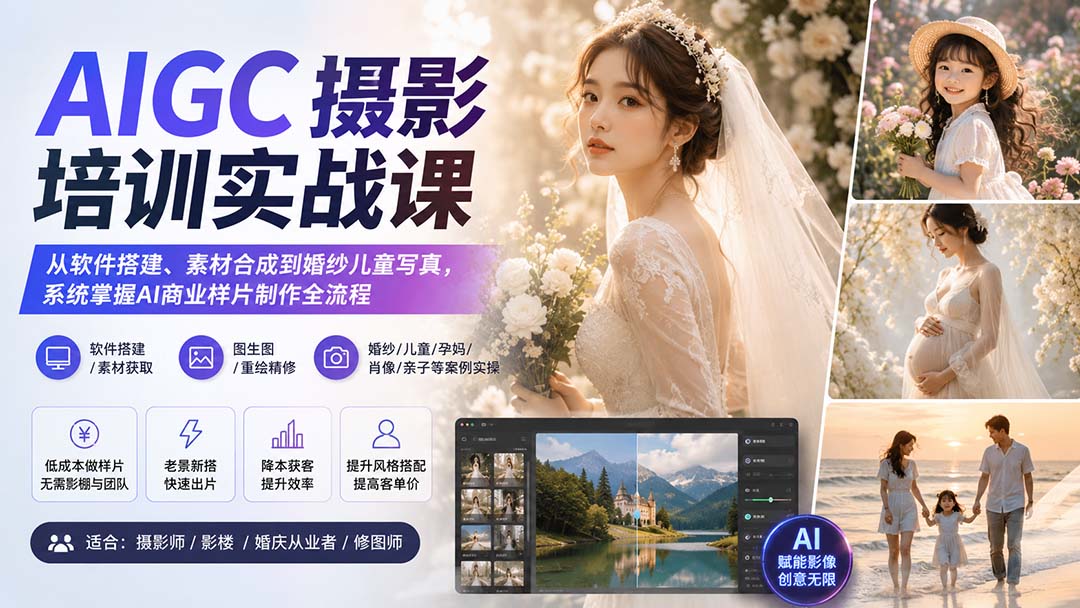 AIGC摄影培训实战课：从软件搭建、素材合成到婚纱儿童写真，系统掌握AI商业样片制作全流程-造梦栈