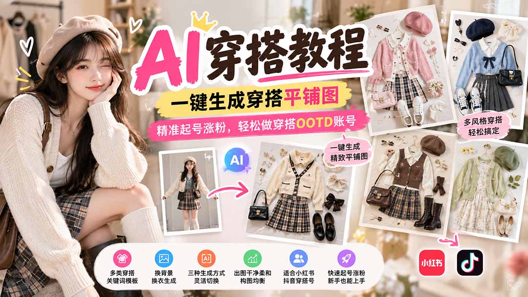 【无水印】AI穿搭教程｜一键生成穿搭平铺图，精准起号涨粉，轻松做穿搭OOTD账号-造梦栈