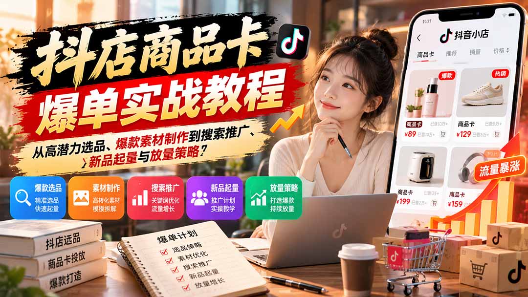 抖店商品卡爆单实战教程：从高潜力选品、爆款素材制作到搜索推广、新品起量与放量策略-造梦栈