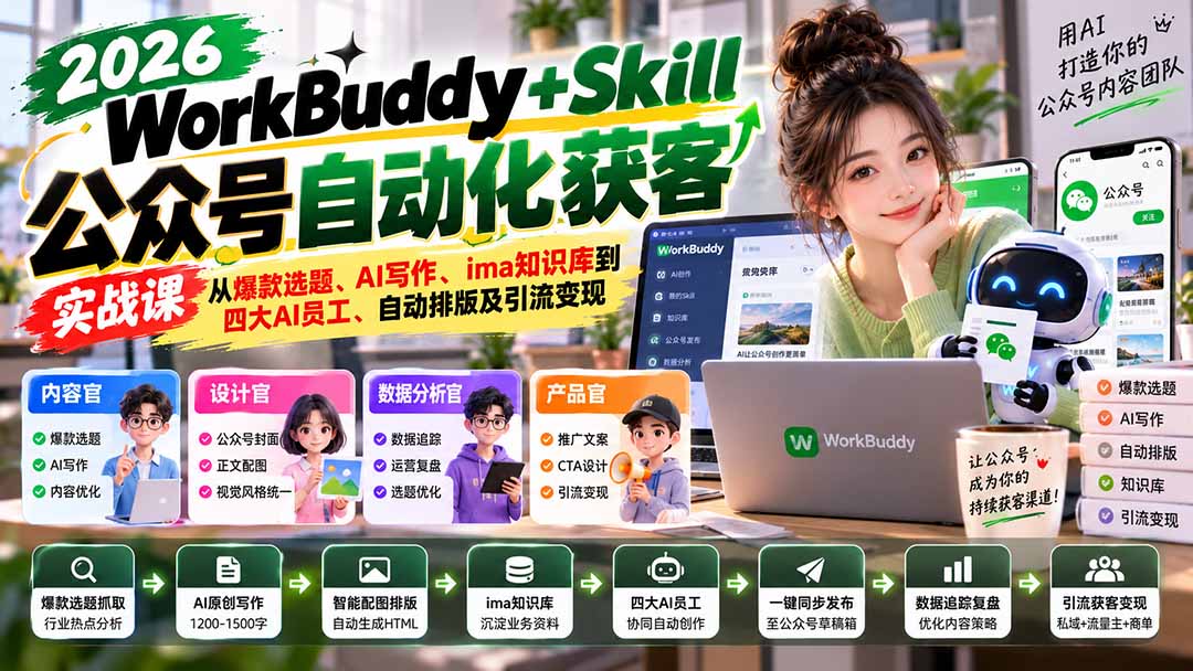 WorkBuddy + Skill公众号自动化获客实战课：从爆款选题、AI写作、ima知识库到四大AI员工、自动排版及引流变现-造梦栈