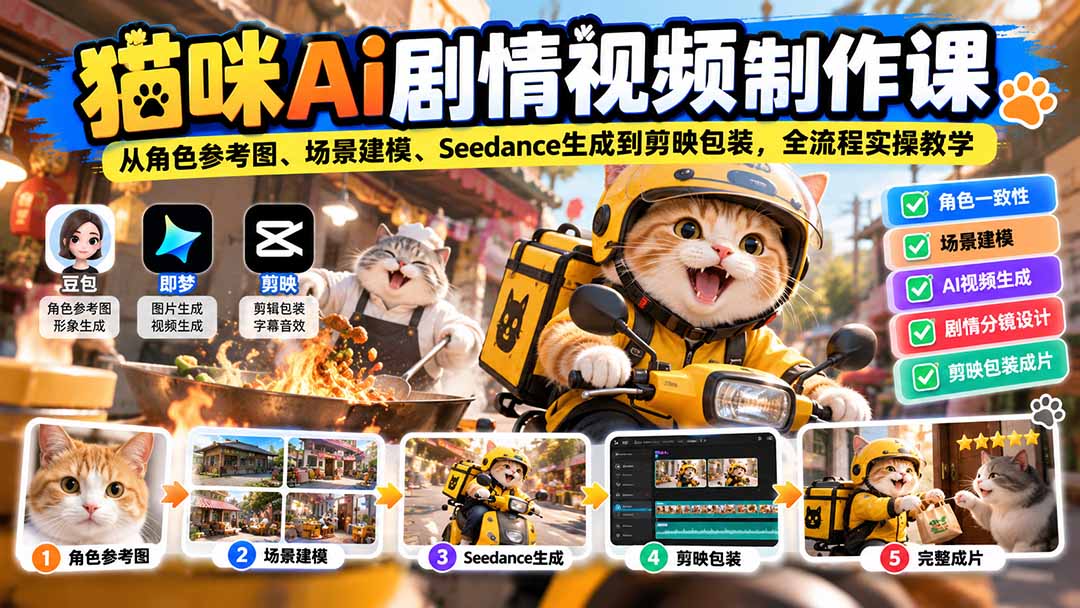 猫咪AI剧情视频制作课：从角色参考图、场景建模、Seedance生成到剪映包装，全流程实操教学-造梦栈