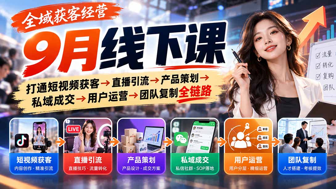 全域获客经营9月线下课：打通短视频获客→直播引流→产品策划→私域成交→用户运营→团队复制全链路-造梦栈