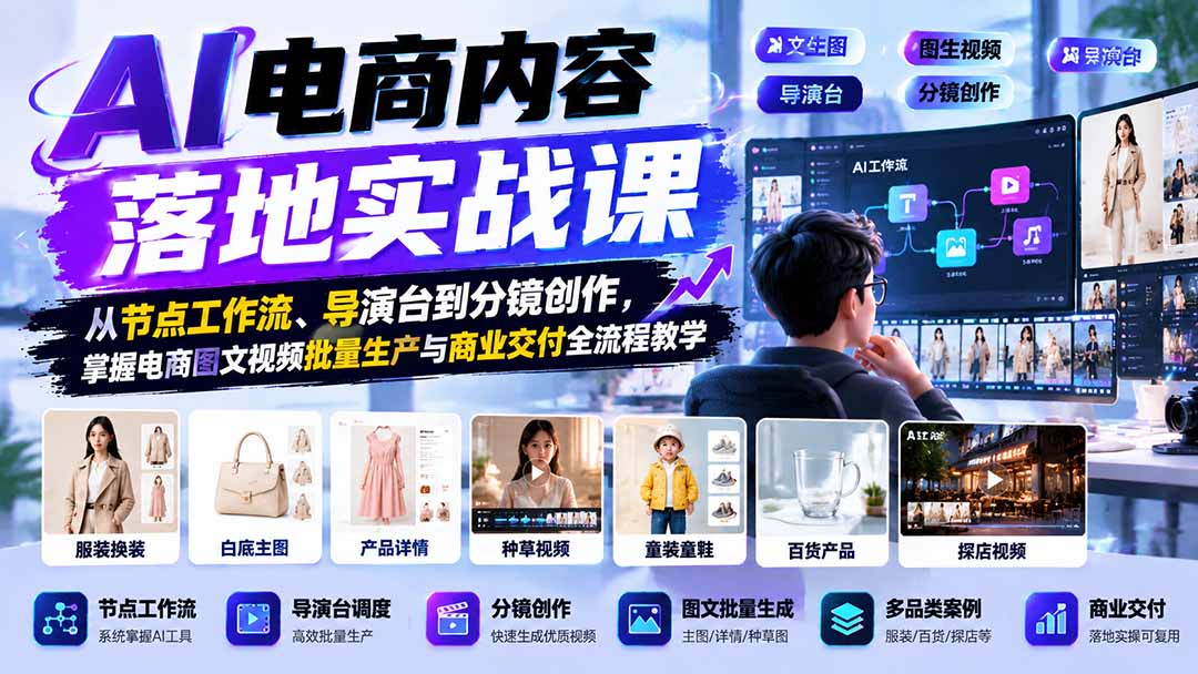 AI电商内容落地实战课：从节点工作流、导演台到分镜创作，掌握电商图文视频批量生产与商业交付全流程教学-造梦栈