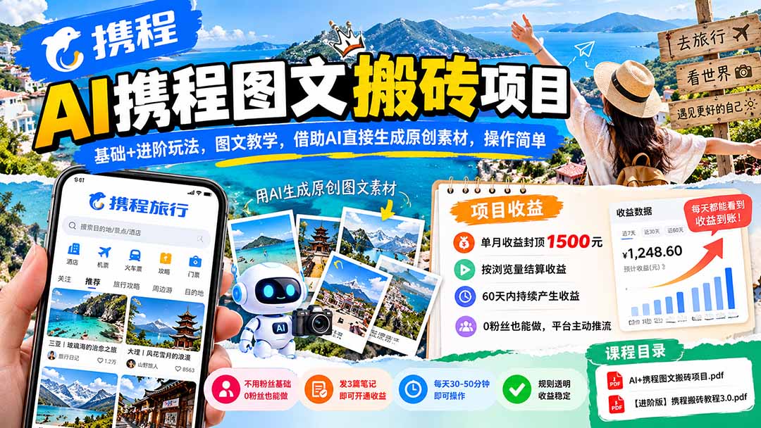 AI携程图文搬砖项目，基础+进阶玩法，图文教学，借助AI直接生成原创素材，操作简单-造梦栈