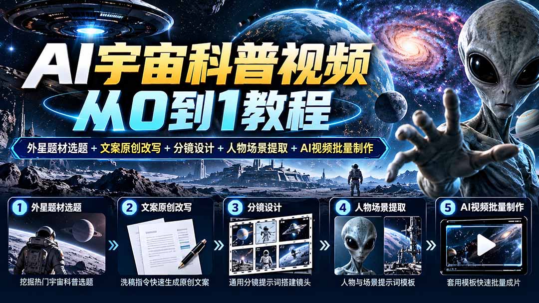 AI宇宙科普视频从0到1教程｜外星题材选题+文案原创改写+分镜设计+人物场景提取+AI视频批量制作-造梦栈
