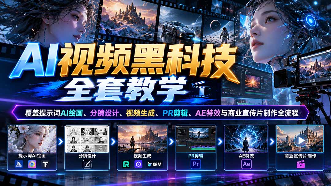AI视频黑科技全套教学：覆盖提示词AI绘画、分镜设计、视频生成、PR剪辑、AE特效与商业宣传片制作全流程-造梦栈
