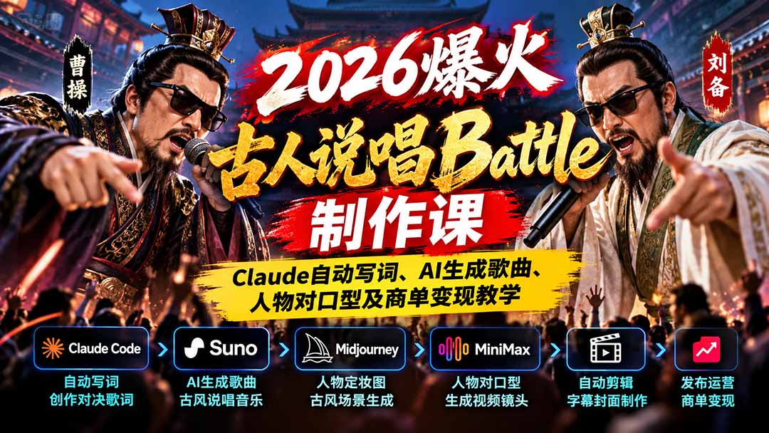 2026爆火古人说唱Battle制作课：Claude自动写词、AI生成歌曲、人物对口型及商单变现教学-造梦栈