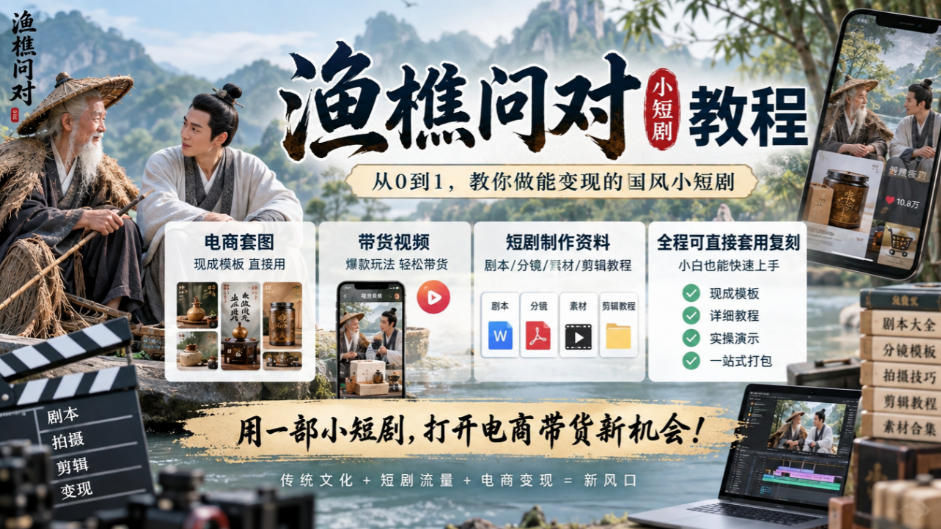 渔樵问对小短剧教程，包含电商套图、带货视频，短剧制作资料，全程可直接套用复刻-造梦栈