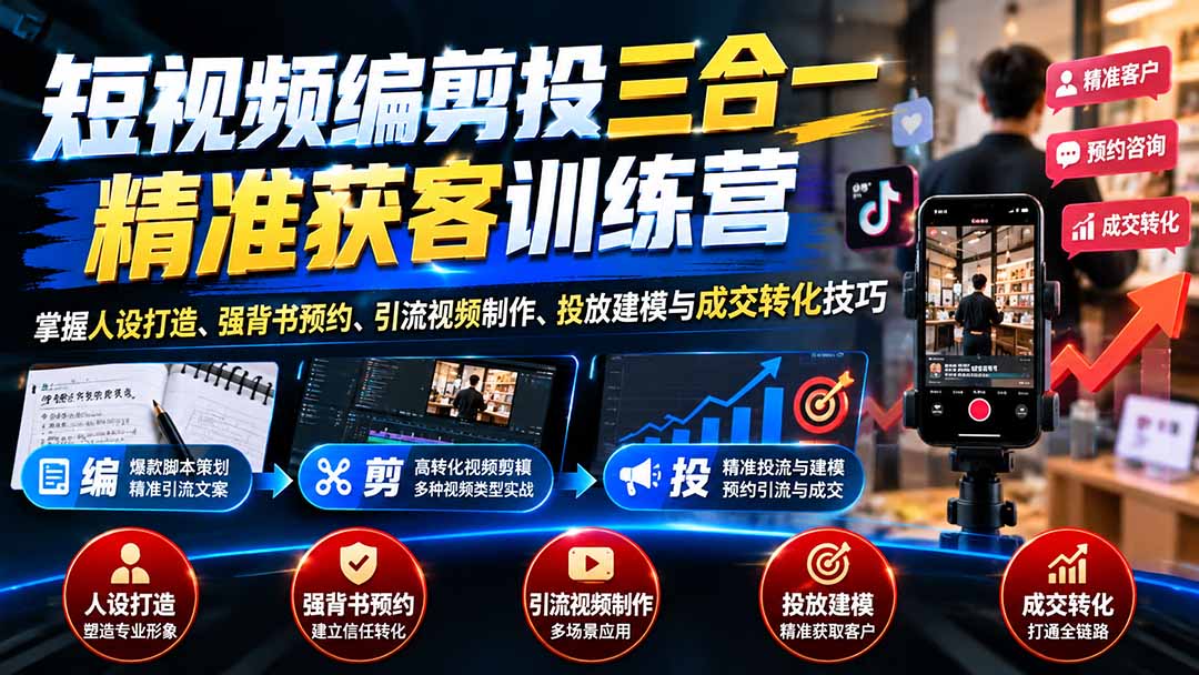 短视频编剪投三合一精准获客训练营：掌握人设打造、强背书预约、引流视频制作、投放建模与成交转化技巧-造梦栈