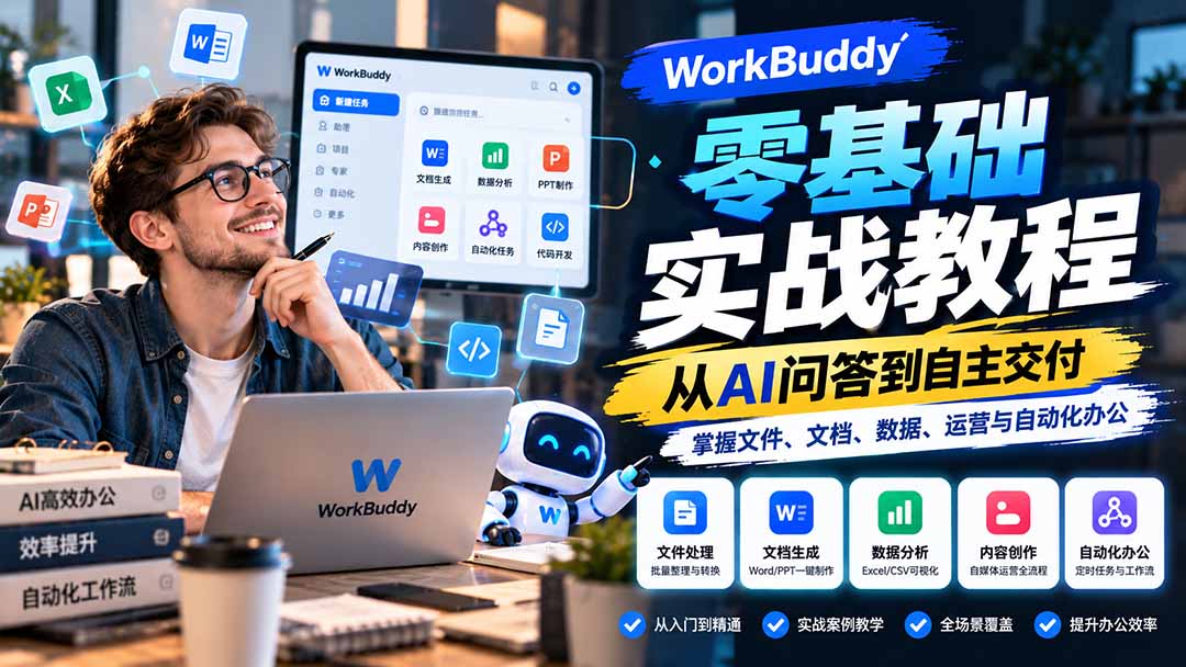 WorkBuddy零基础实战教程：从AI问答到自主交付，掌握文件、文档、数据、运营与自动化办公-造梦栈