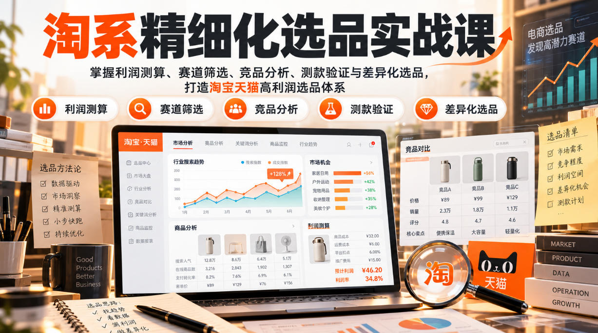 货架电商精细化选品实战课：掌握利润测算、赛道筛选、竞品分析、测款验证与差异化选品，打造淘宝天猫高利润选品体系-造梦栈