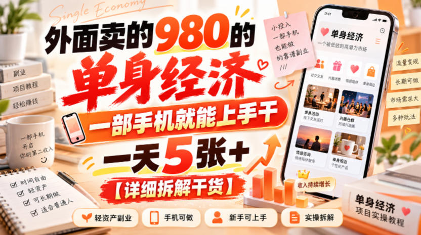 外面卖的980的单身经济,一部手机就能上手干,一天5张+【详细拆解干货】-造梦栈