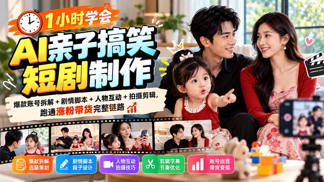 1小时学会AI亲子搞笑短剧制作：爆款账号拆解+剧情脚本+人物互动+拍摄剪辑，跑通涨粉带货完整链路-造梦栈