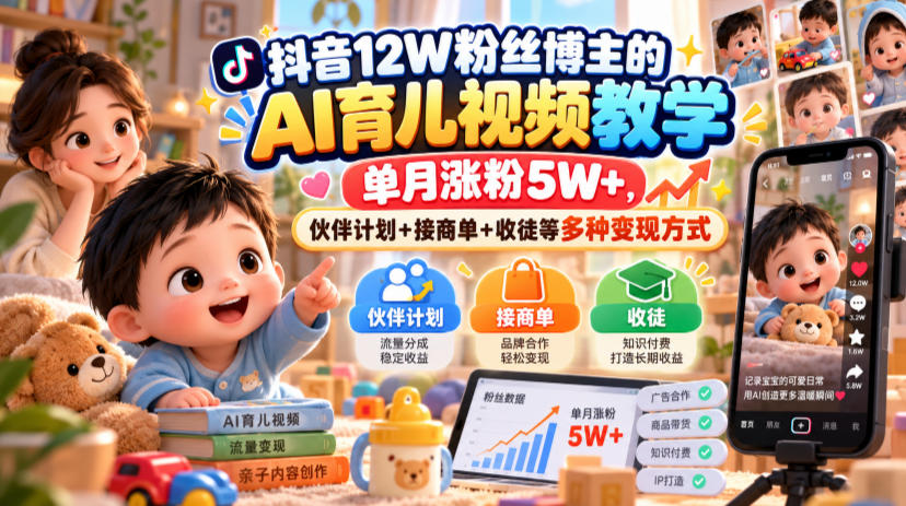 抖音12W粉丝博主的AI育儿视频教学，单月涨粉5W+，伙伴计划+接商单+收徒等多种变现方式-造梦栈