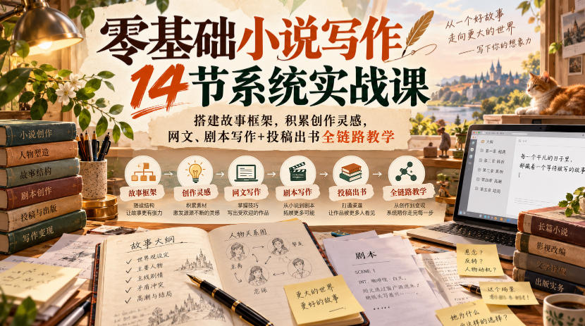 零基础小说写作14节系统实战课，搭建故事框架，积累创作灵感，网文、剧本写作+投稿出书全链路教学-造梦栈