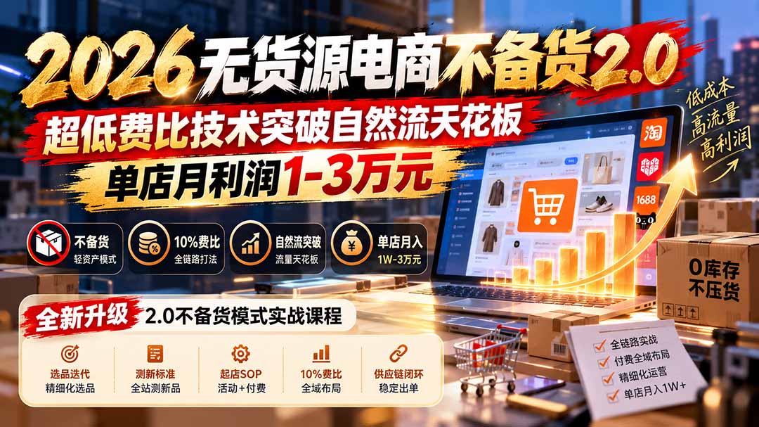 2026无货源电商不备货2.0【更新1010】：超低费比技术突破自然流天花板，单店月利润1-3万元-造梦栈