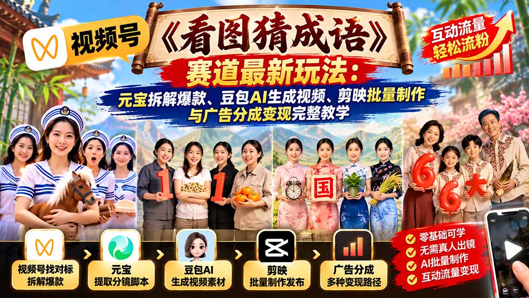 视频号《看图猜成语》赛道最新玩法：元宝拆解爆款、豆包AI生成视频、剪映批量制作与广告分成变现完整教学-造梦栈