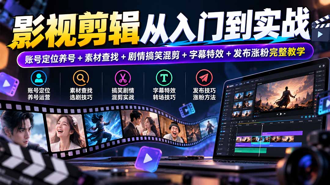 影视剪辑从入门到实战：账号定位养号+素材查找+剧情搞笑混剪+字幕特效+发布涨粉完整教学-造梦栈