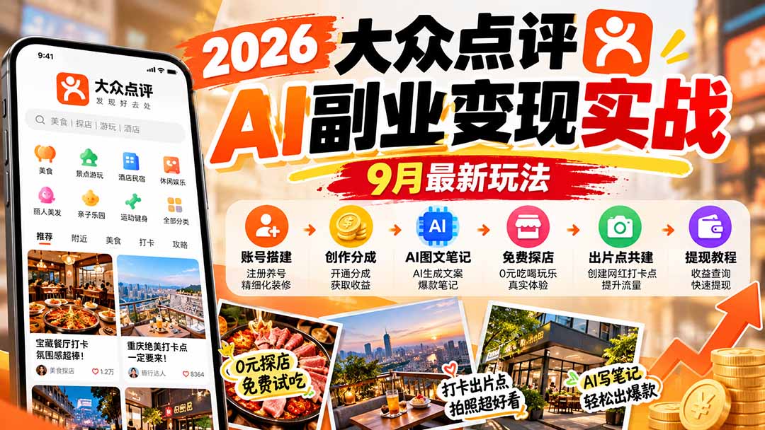 2026大众点评AI副业变现实战9月最新玩法：账号搭建+创作分成+AI图文笔记+免费探店+出片点共建与提现教程-造梦栈