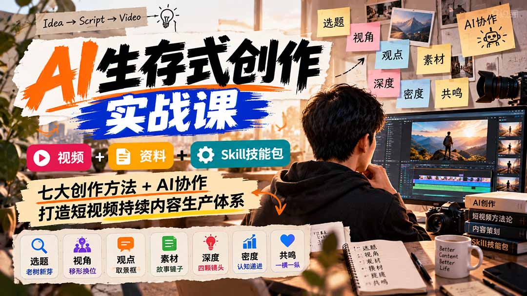 AI生存式创作实战课：视频+资料+Skill技能包，七大创作方法+AI协作，打造短视频持续内容生产体系-造梦栈