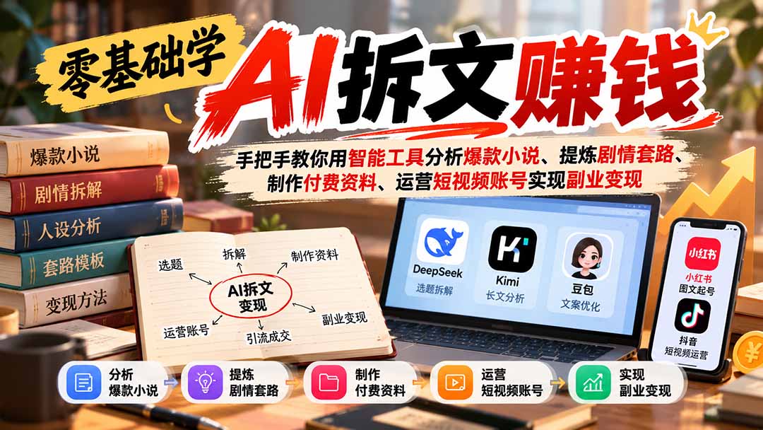 零基础学AI拆文赚钱：手把手教你用智能工具分析爆款小说、提炼剧情套路、制作付费资料、运营短视频账号实现副业变现-造梦栈