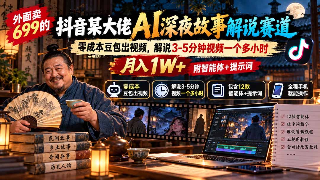 外面卖699抖音某大佬AI深夜故事解说赛道-更新：0成本豆包出视频+解说3-5分钟视频一个多小时，月入1W+附智能体+提示词-造梦栈