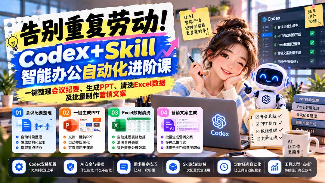 告别重复劳动！Codex+Skill智能办公自动化进阶课：一键整理会议纪要、生成PPT、清洗Excel数据及批量制作营销文案-造梦栈