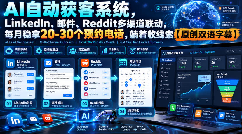 【无水印】AI自动获客系统，LinkedIn、邮件、Reddit多渠道联动，每月稳拿20-30个预约电话，躺着收线索【原创双语字幕】-造梦栈